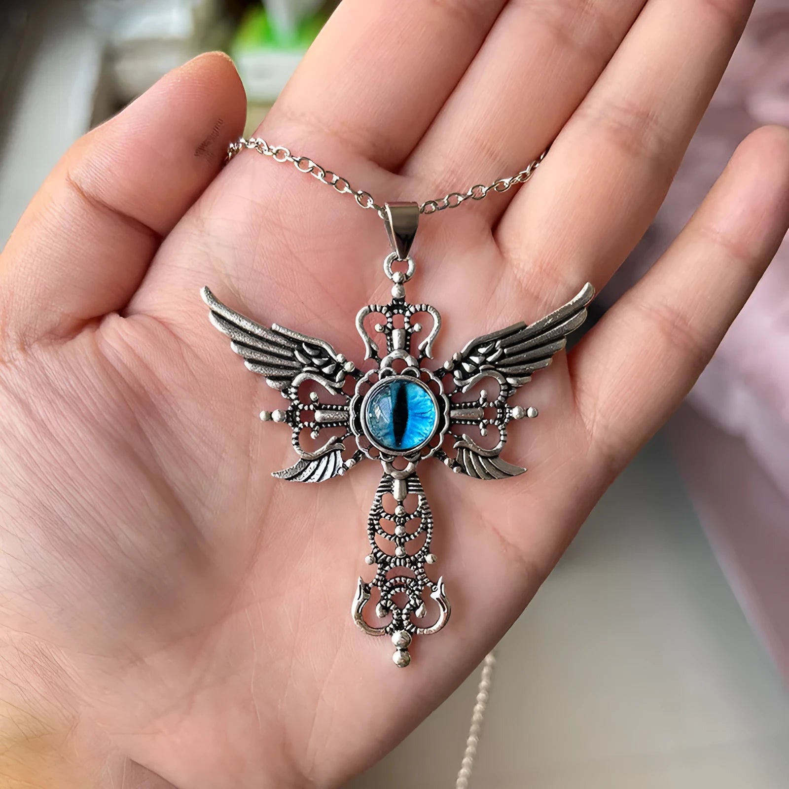 Geometric devil wings cross pendant necklace in alloy with multiple colour options