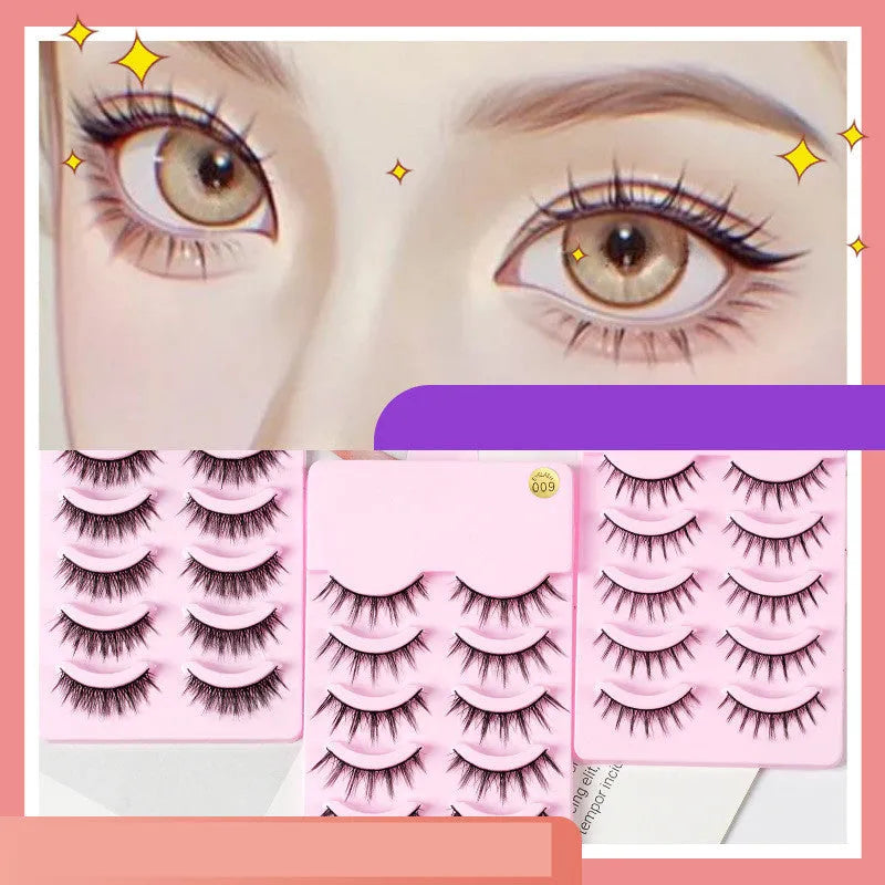 Pack of anime-style false eyelashes showing three wispy, natural slim length designs for cosplay and Korean makeup.