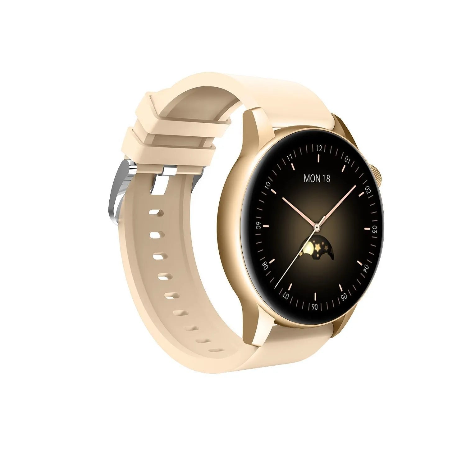 Smart watch with 1.30-inch colour touch screen and stainless steel case in black, pink, or silver