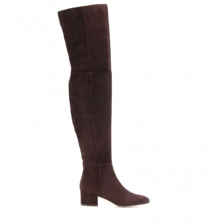 Grey suede women's flat over-the-knee boots with pointed toe and thick low heel.