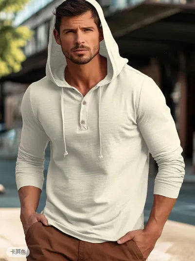 Men's cotton hooded sweatshirt in dark blue with pullover design and long sleeves