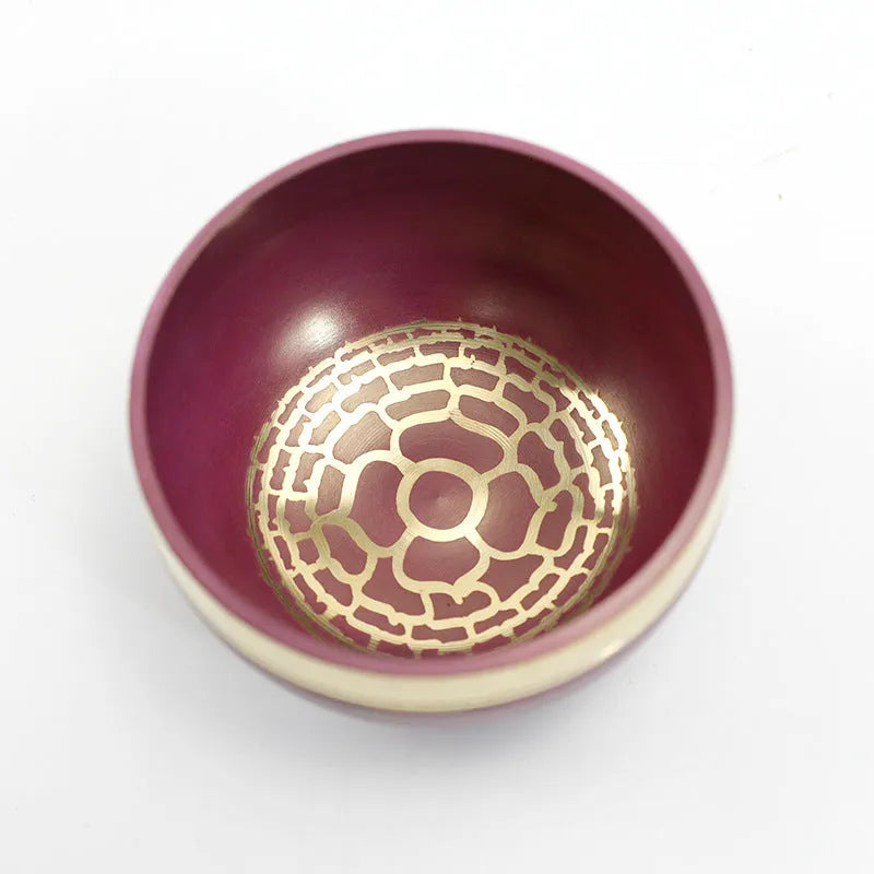 Handmade Himalaya singing bowl in one of seven colours: orange red, green, blue, sky blue, purple, yellow, or red
