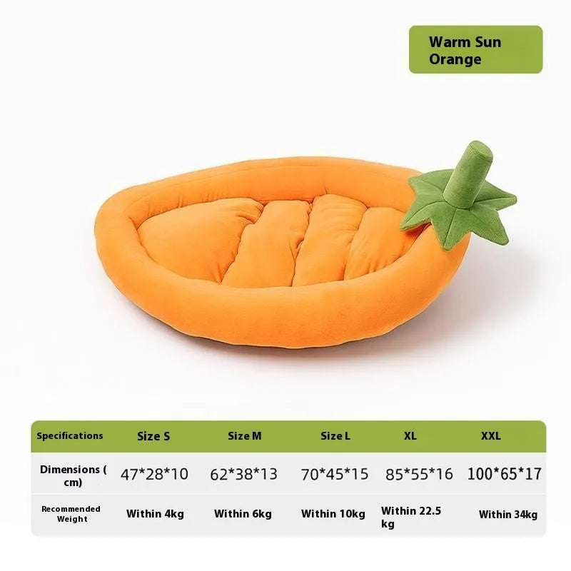 Removable cloth dog bed mat shown in purple, with S M L XL XXL size labels and weight recommendations.