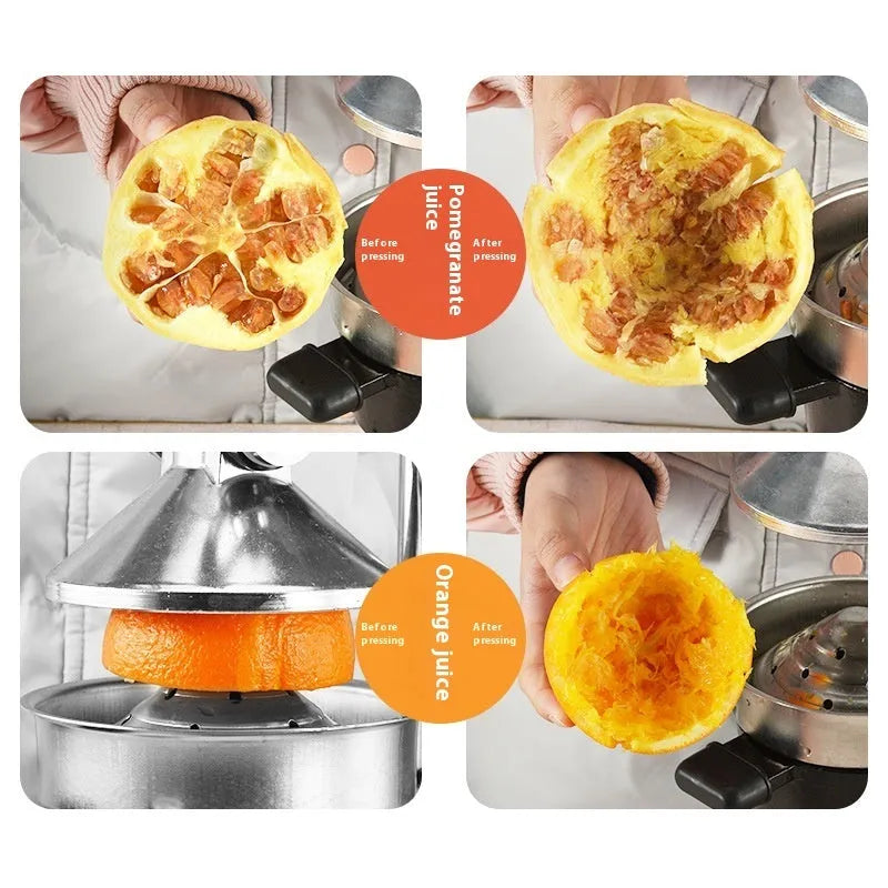 Tall black cast iron manual citrus juicer with stainless steel strainer on a kitchen counter.