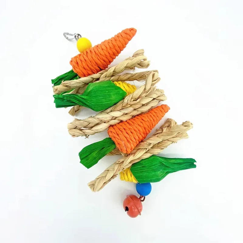 Parrot hanging chew toy with hook attachment for bird cage, featuring perch and climbing design