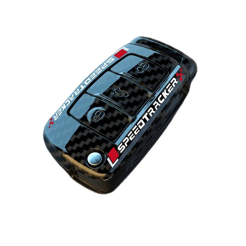 Car key cover with carbon fibre texture and mirrored detailing, white colour option shown alongside