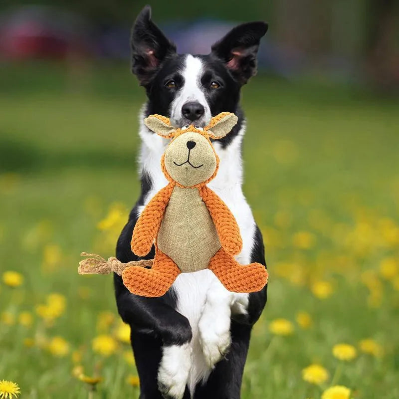 Dog plush squeaky toy in animal shape – donkey, elephant, orangutan, or rabbit – for teeth cleaning and interactive play