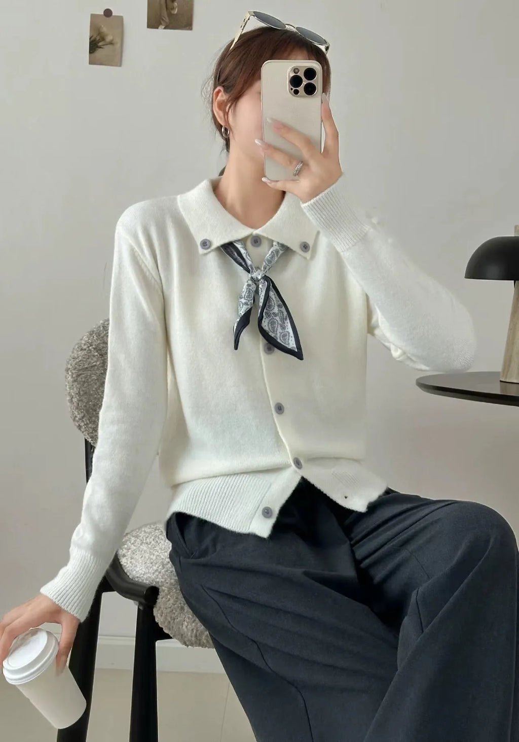 Lazy Fashion lapel and scarf detail cardigan sweater in acrylic fabric