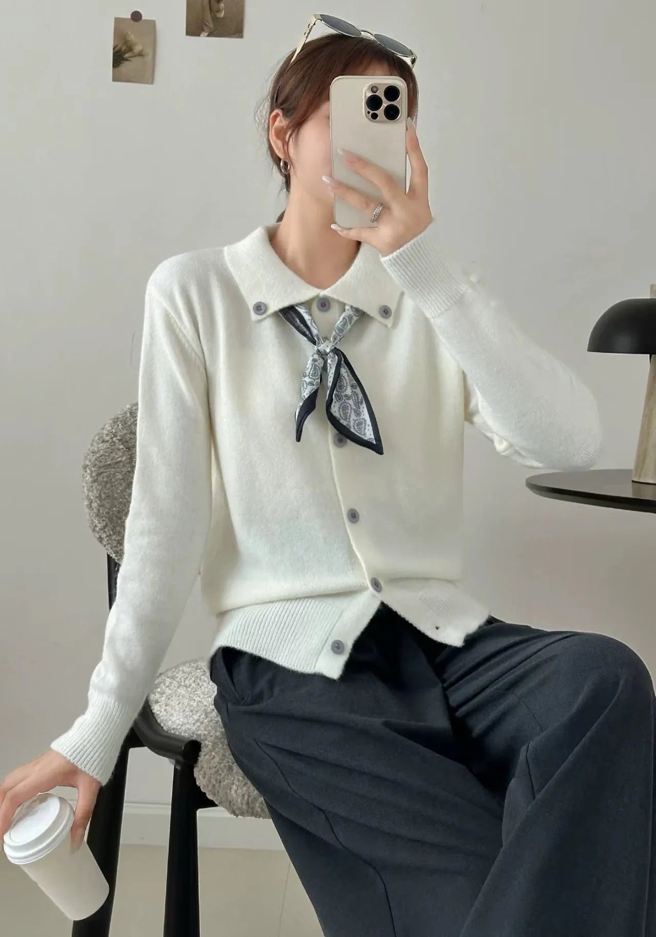 Lazy Fashion lapel and scarf detail cardigan sweater in acrylic fabric