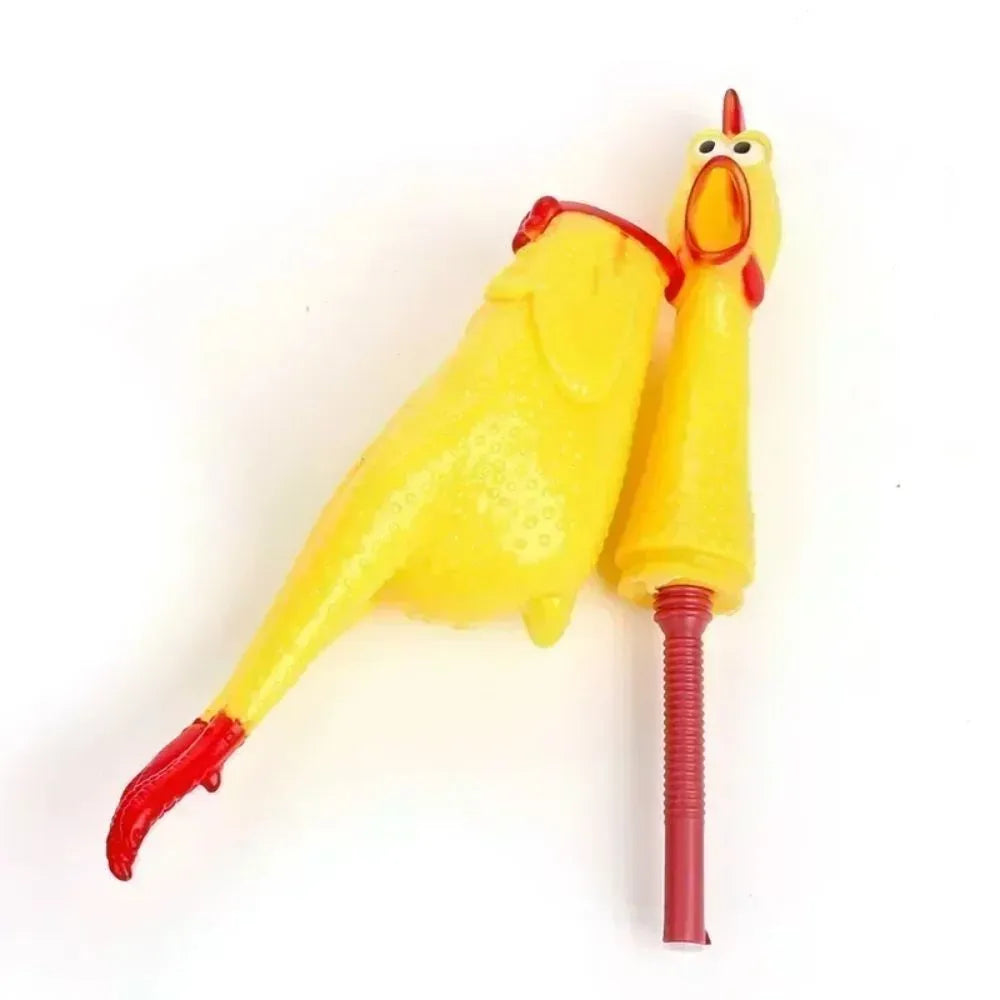 Yellow rubber screaming chicken dog squeak toy in three different sizes.