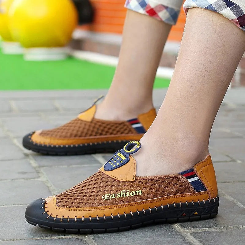 Men's brown breathable mesh casual shoes with round toe and rubber sole on a white background.