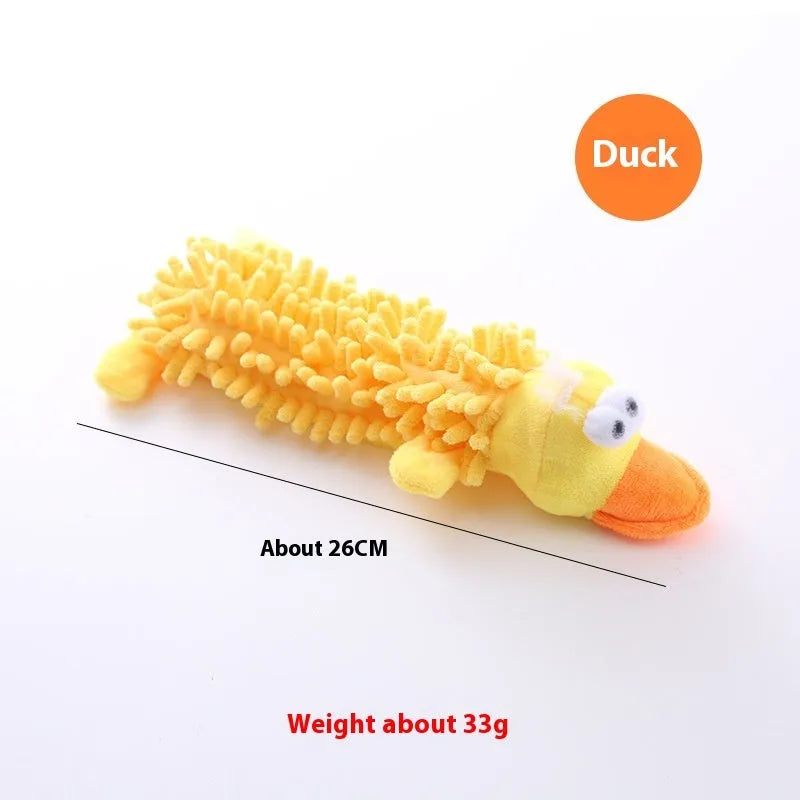 Plush microfiber molar dog toy in six animal designs including brown dog, yellow duck, and pink pig