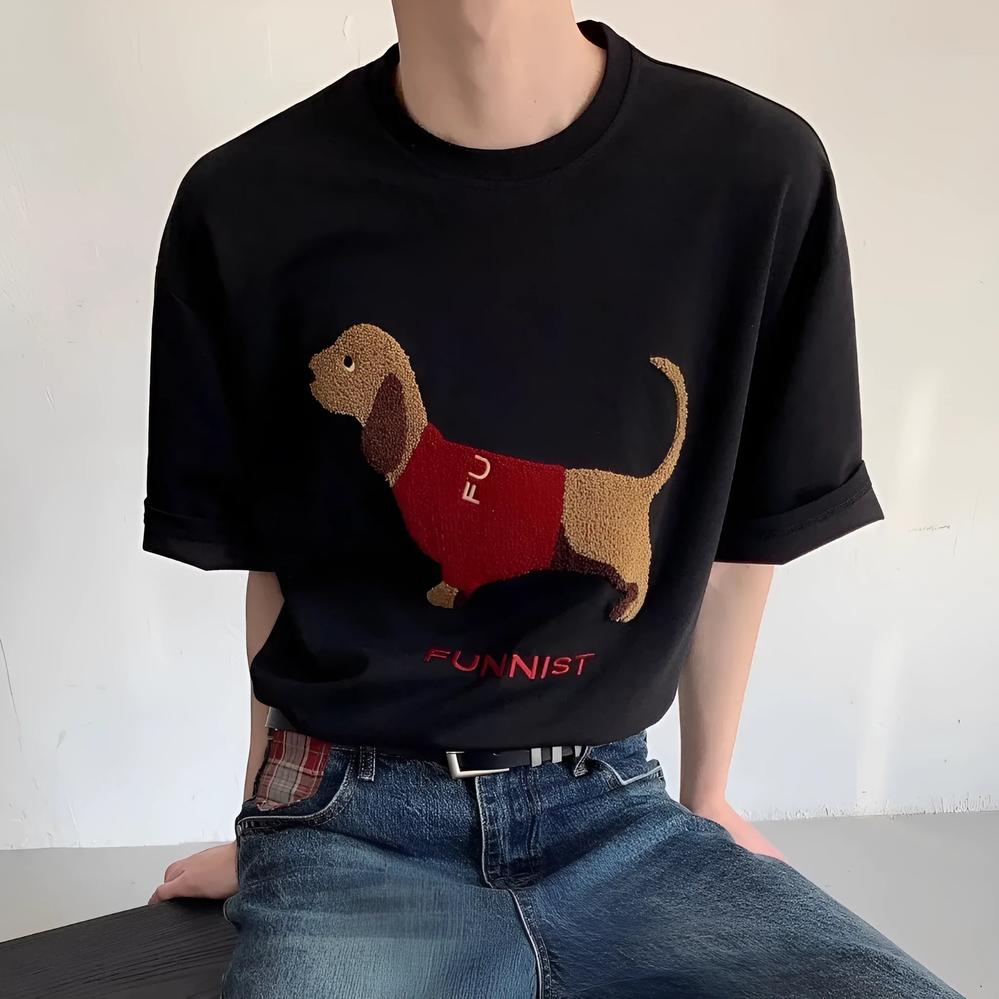 Men's grey cotton t-shirt with embroidered sausage dog design on front