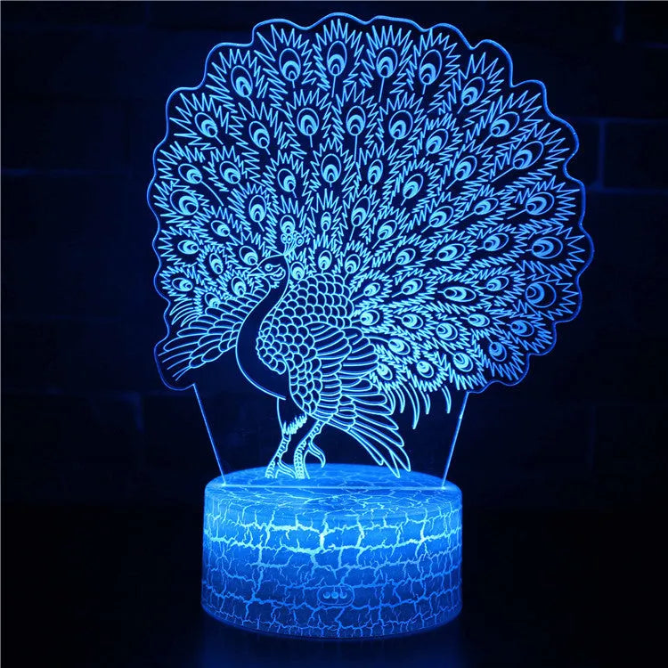 3D acrylic table lamp with colourful lighting on 9.5cm x 4cm base, showing touch controls and USB connection