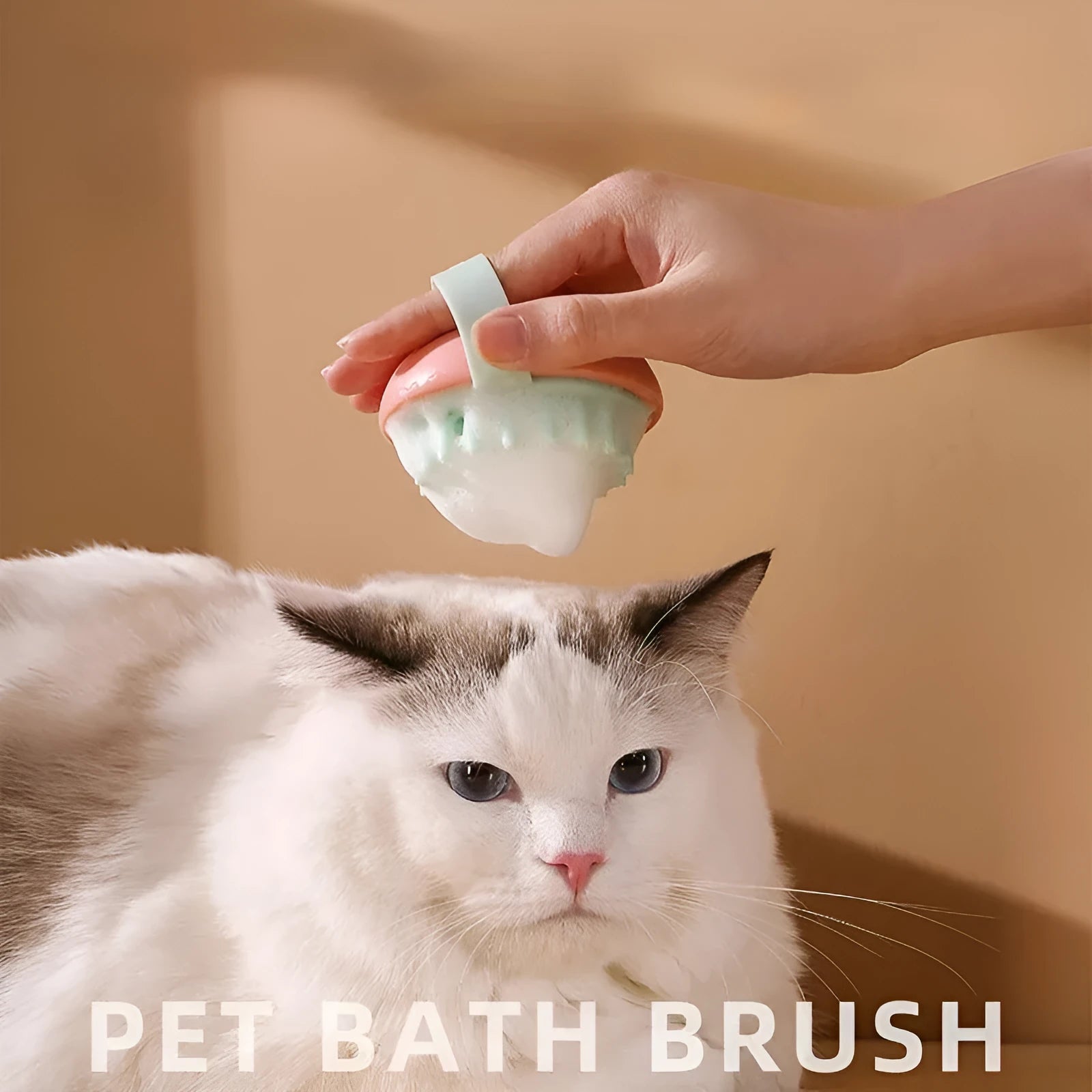 Pet silicone bathing brush for cats and dogs, available in blue, pink, white, and yellow