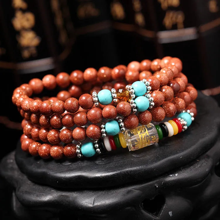 Golden Star Stone bracelet with fu charm and 108 nugget sand pieces