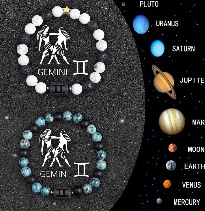Natural stone beaded zodiac bracelets showing twelve different birth sign designs on elastic cords
