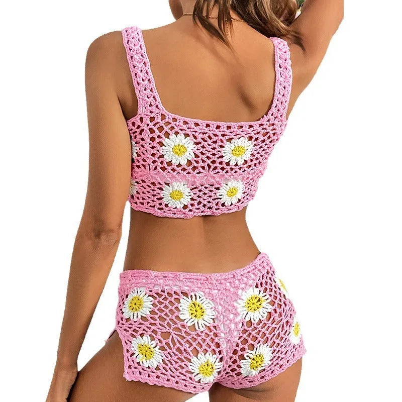 Women's floral pattern bikini swimsuit set in light green and pink colours