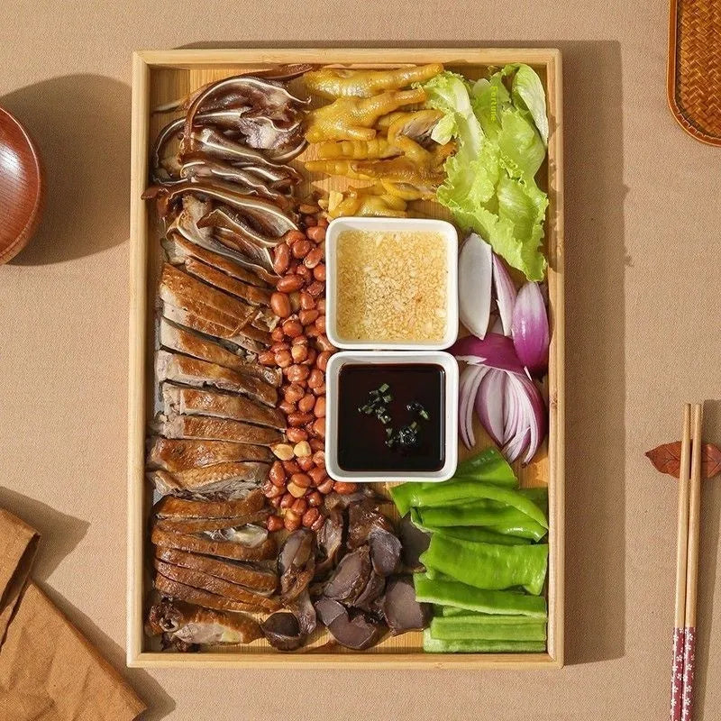 Square bamboo serving tray with brown handle for barbecue restaurants