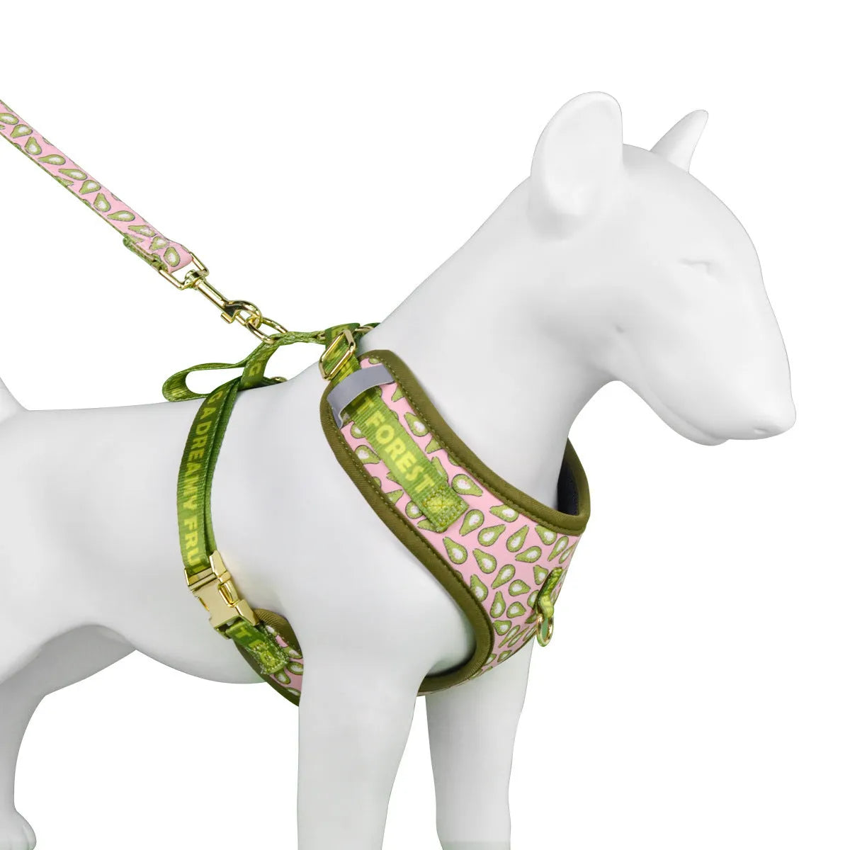 Polyester chest-back dog harness and lead set in a choice of six colourful patterns, sized for medium and large dogs.
