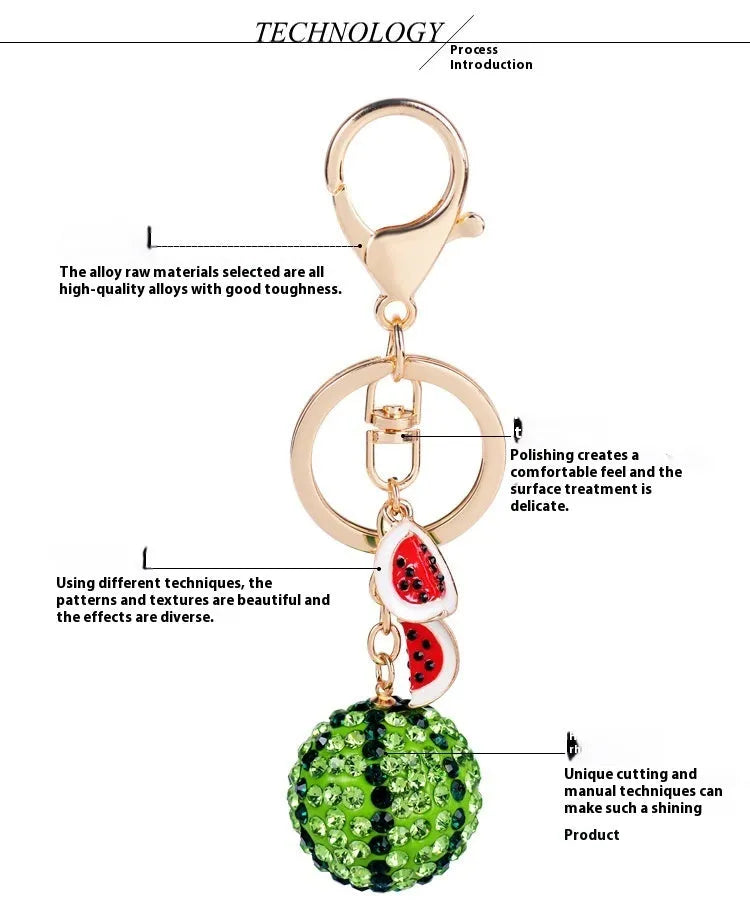 Green watermelon fruit keychain made from zinc alloy measuring 12cm in length