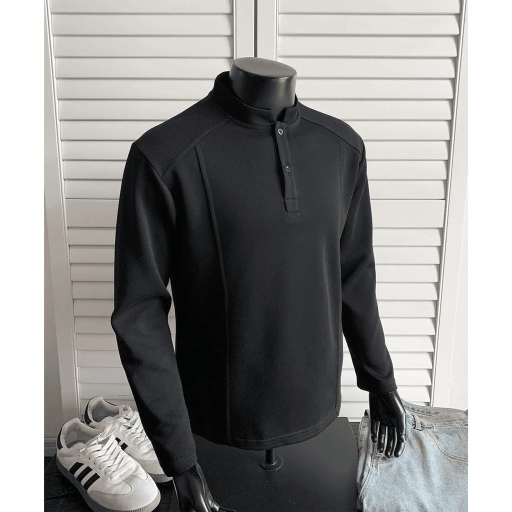 Men's long sleeve patchwork polo shirt with stand-up collar in black, heather gray, and white flower gray cotton fabric