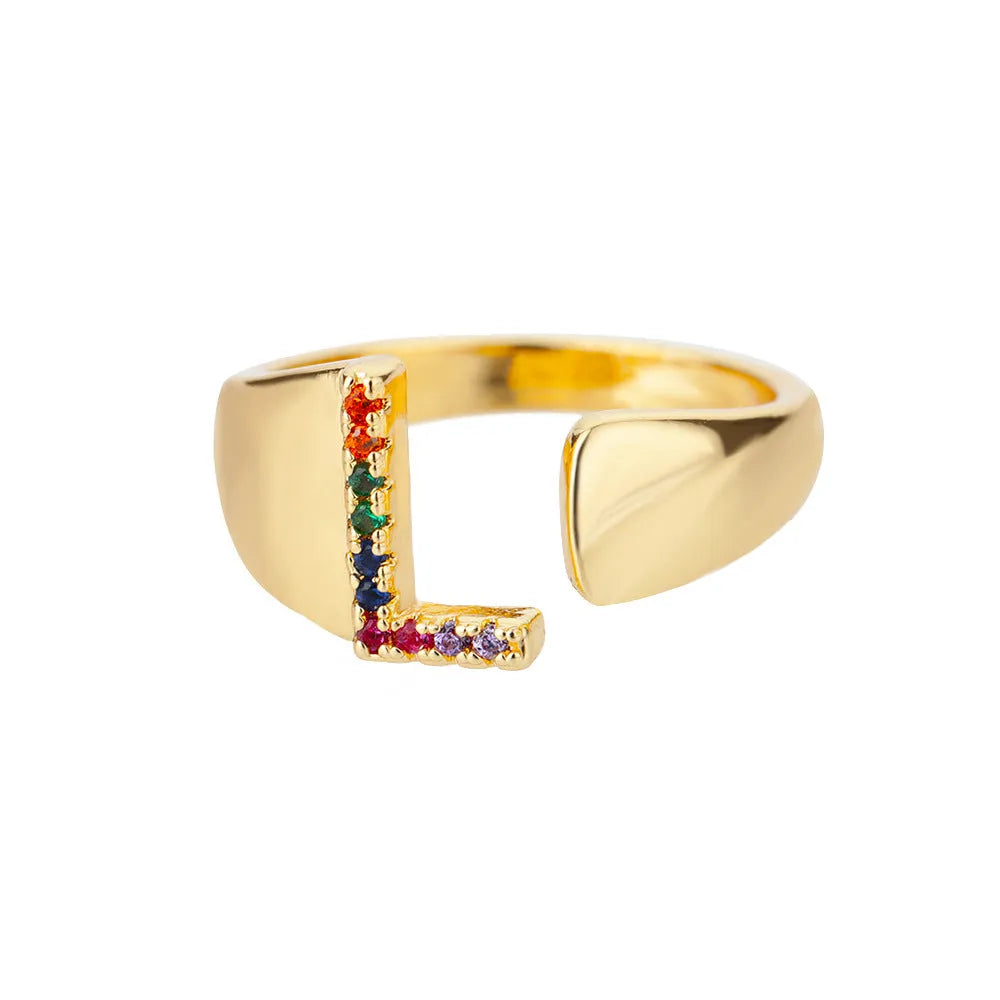 Fashion micro-set colored zirconium adjustable open ring showing letter A on a copper electroplated base