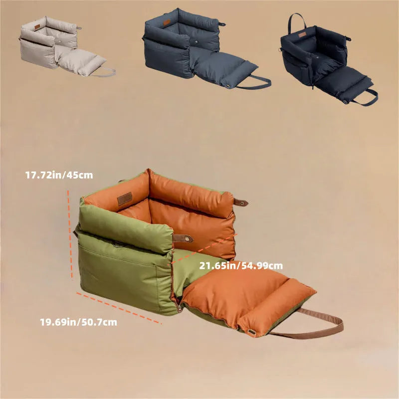 Green waterproof PU leather pet car nest bed for dogs, removable and washable.