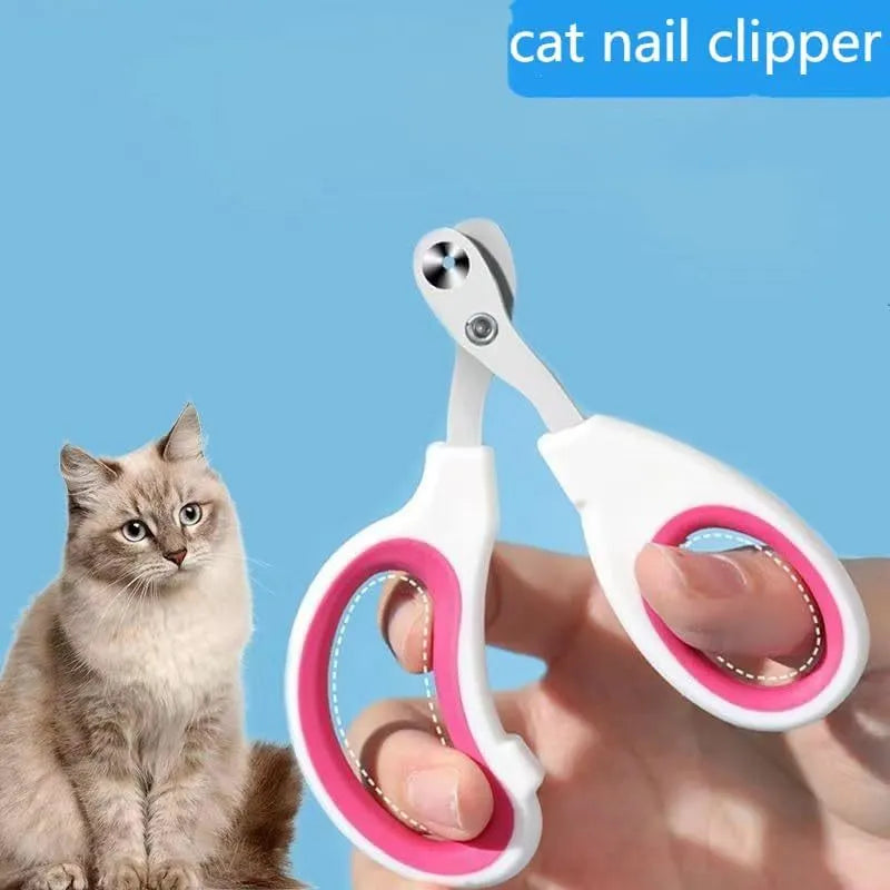 Blue cat nail clippers with a circular guide hole and non-slip handle on a white background.