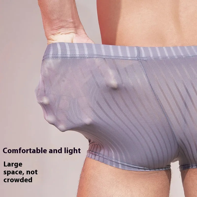 Men's thin striped nylon underwear in black, white, and dark grey colours