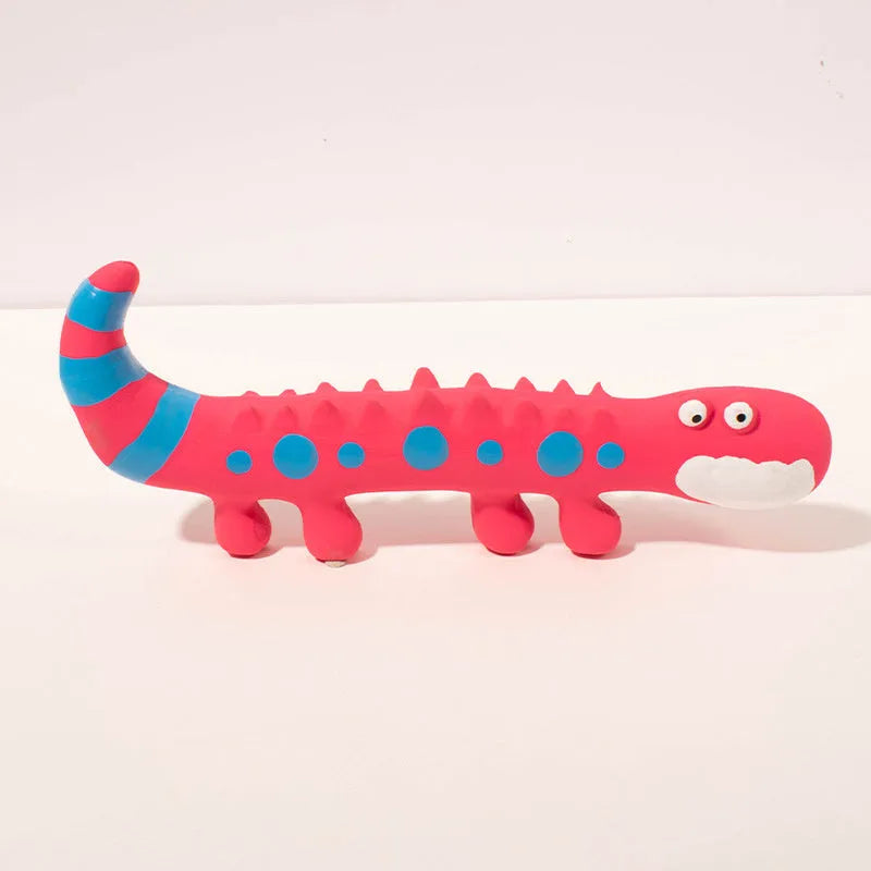 Green cartoon lizard shaped latex dog chew toy with squeaker on a white background