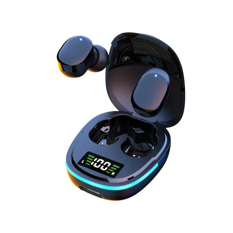 Black true wireless Bluetooth headphones with charging case showing digital battery display