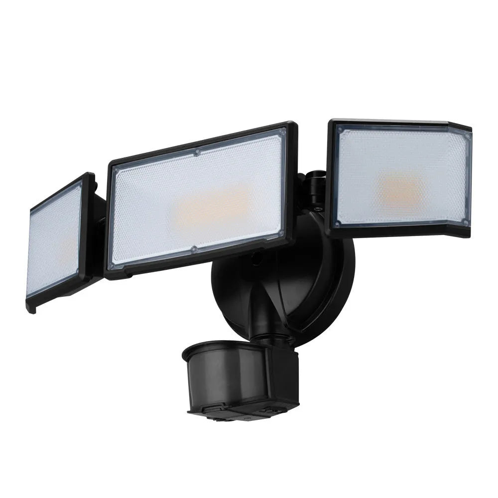 White and black LED security flood light with motion sensor for outdoor wall mounting