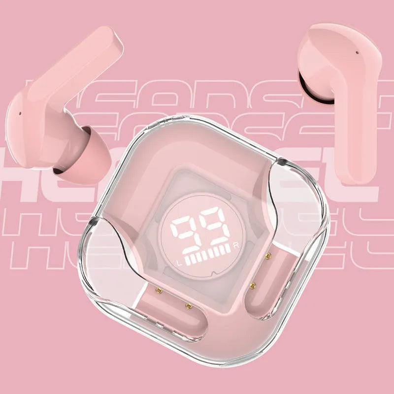 Wireless TWS Bluetooth headphones in five colours: white, black, pink, blue, and green, showcasing in-ear design.