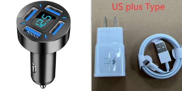 Black four-port USB car charger with digital LED display, shown plugged into a car dashboard.
