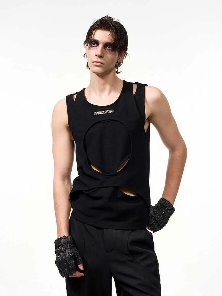 Men's sleeveless mesh waistcoat in black colour with round neck pullover design