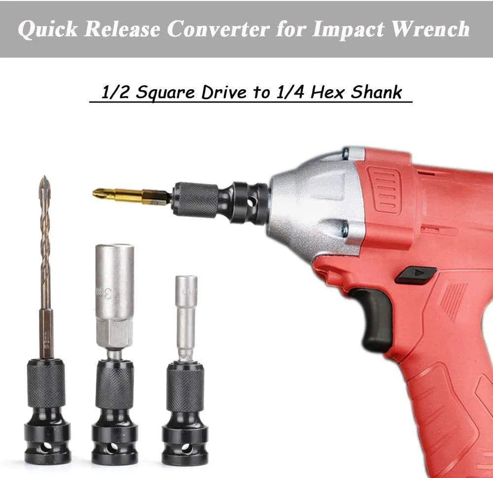 Steel telescopic bit holder with hexagonal handle for electric wrench, shown with extended sleeve.