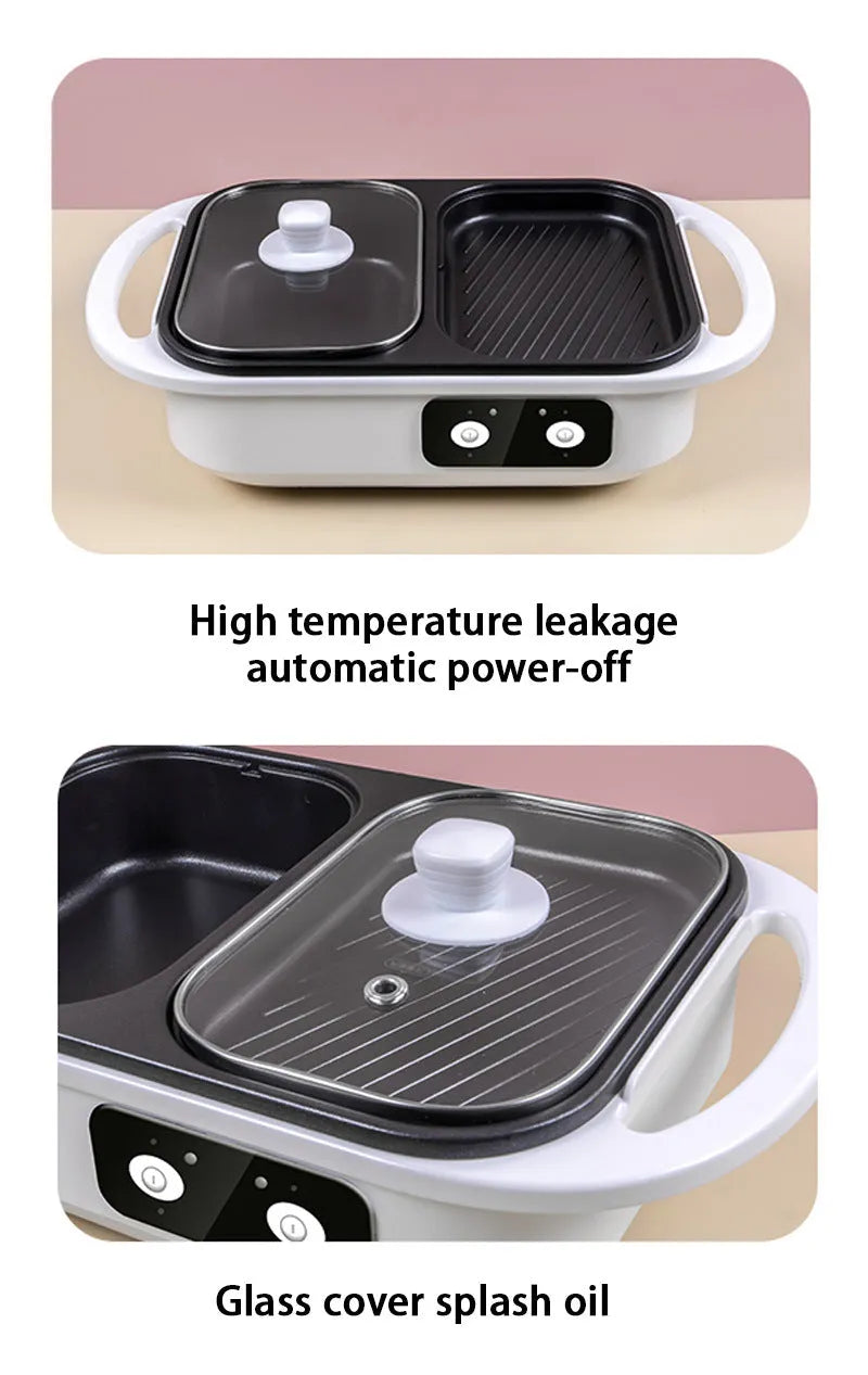 Green and white dual-function electric hot pot with frying pan showing mechanical controls and compact design