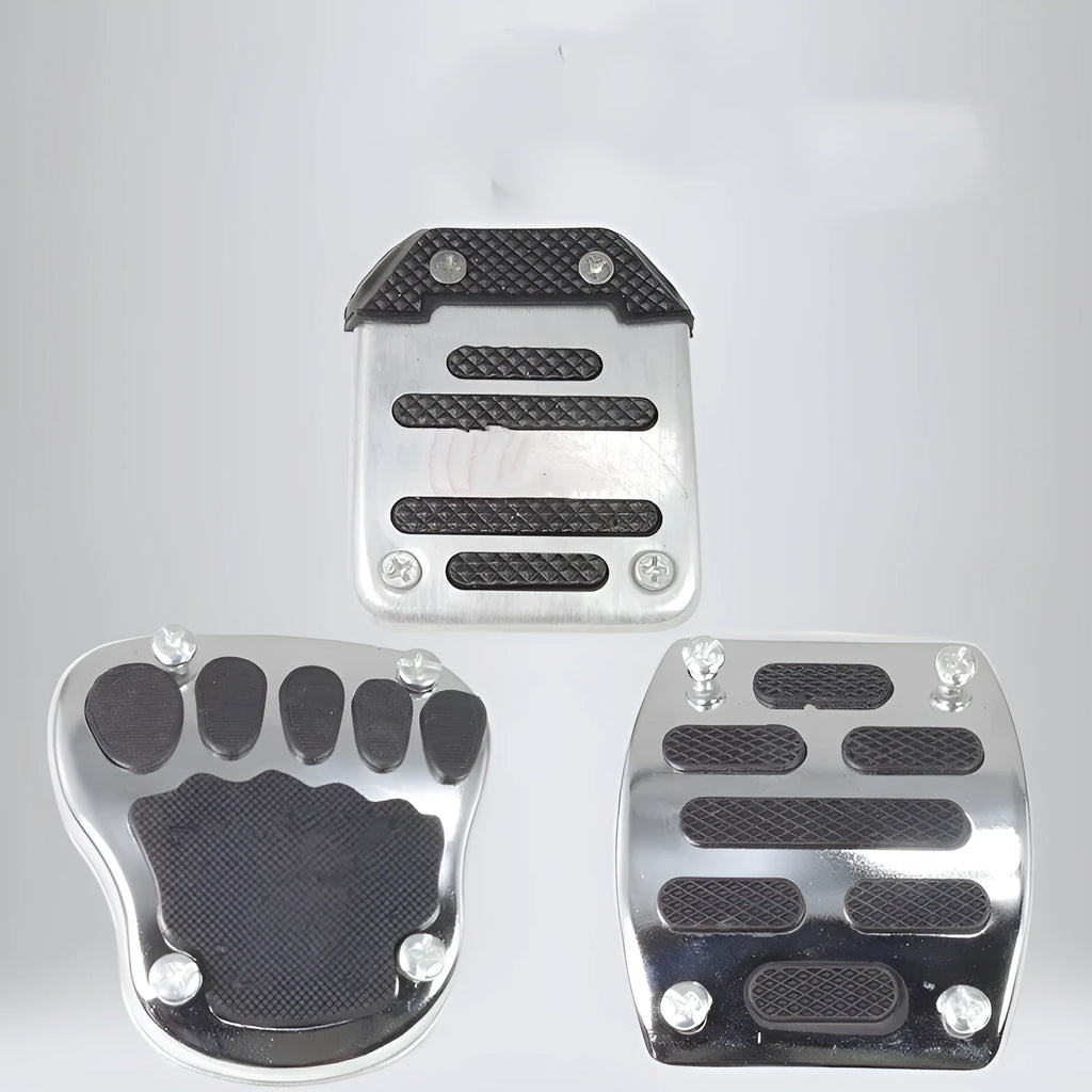 Metal motorcycle brake pedal skid plate showing foot pedal, square foot pedal, and small brake plate design options.