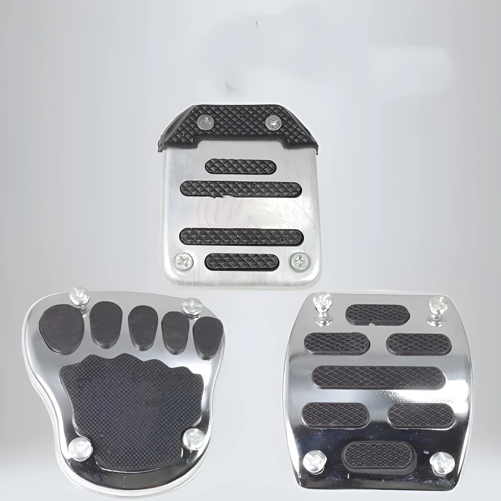 Metal motorcycle brake pedal skid plate showing foot pedal, square foot pedal, and small brake plate design options.