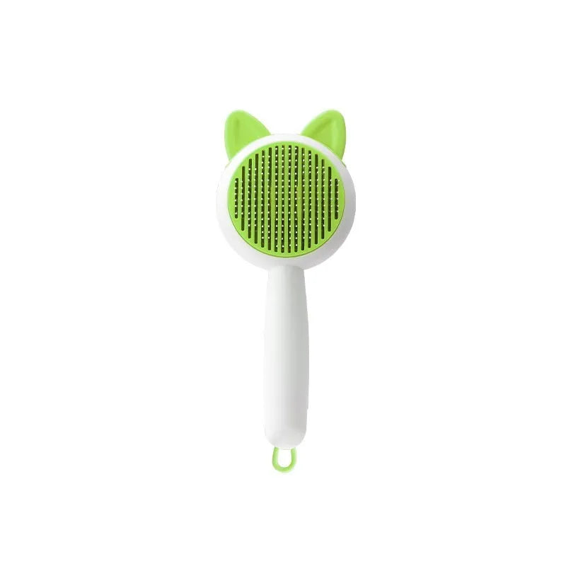 Self-cleaning cat grooming comb with stainless steel blades in greenish white or orange white colours