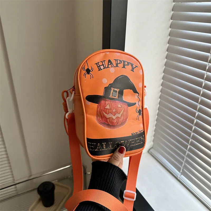 Halloween graffiti mini crossbody phone bag with cartoon pumpkin ghost bat print in black colour