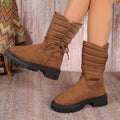 Women's chunky heel mid-tube snow boots with lace-up design in black, grey, and brown colours