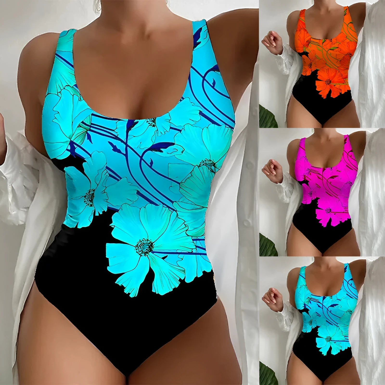 Women's one-piece swimsuit with a 3D printed pattern in orange red, made from polyester and spandex.