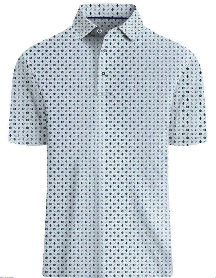 Men's grey short sleeve shirt with 3D printed graphic design and a front zip detail.