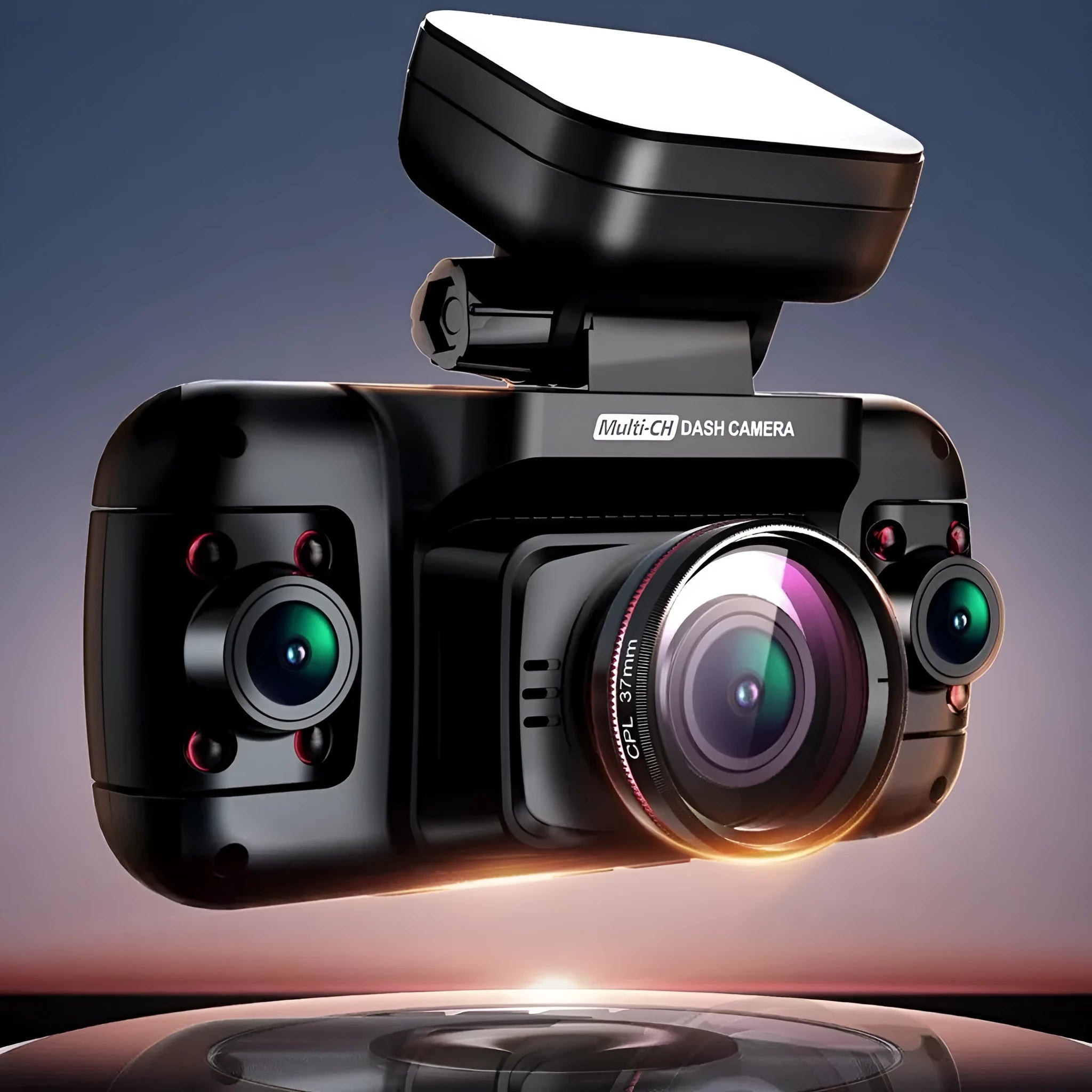 Black panoramic driving recorder dash cam with multiple lenses on a compact 2-inch screen unit.