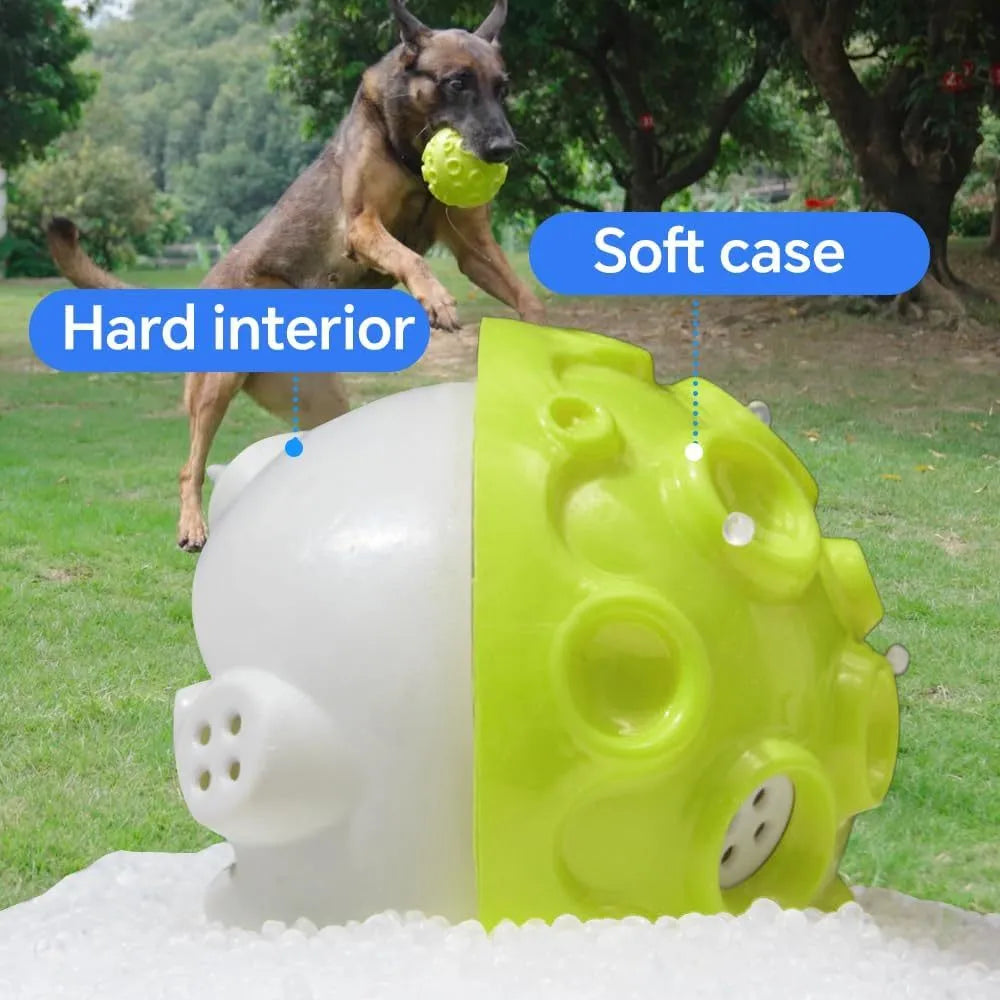 Colourful natural rubber dog toy ball with textured meteorite bumps for aggressive chewers with squeaky sound