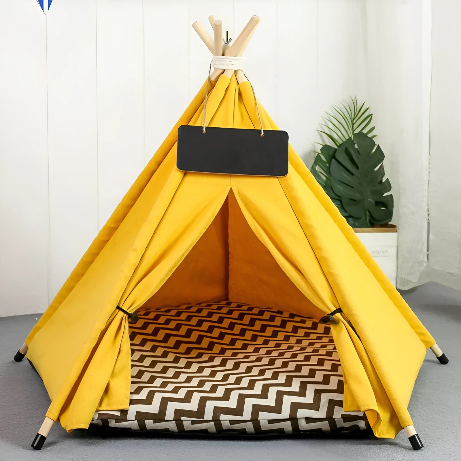 Striped flax and linen pet teepee tent with cushion for small dogs, cats, or rabbits