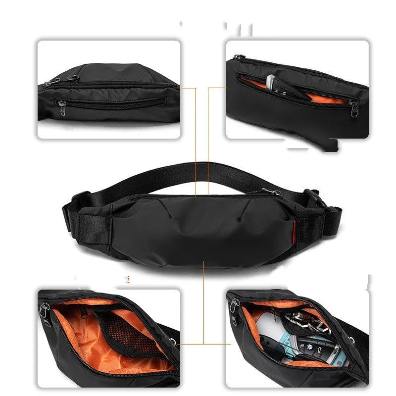 Black Oxford cloth crossbody waist pack with zippered opening showing interior organisation pockets
