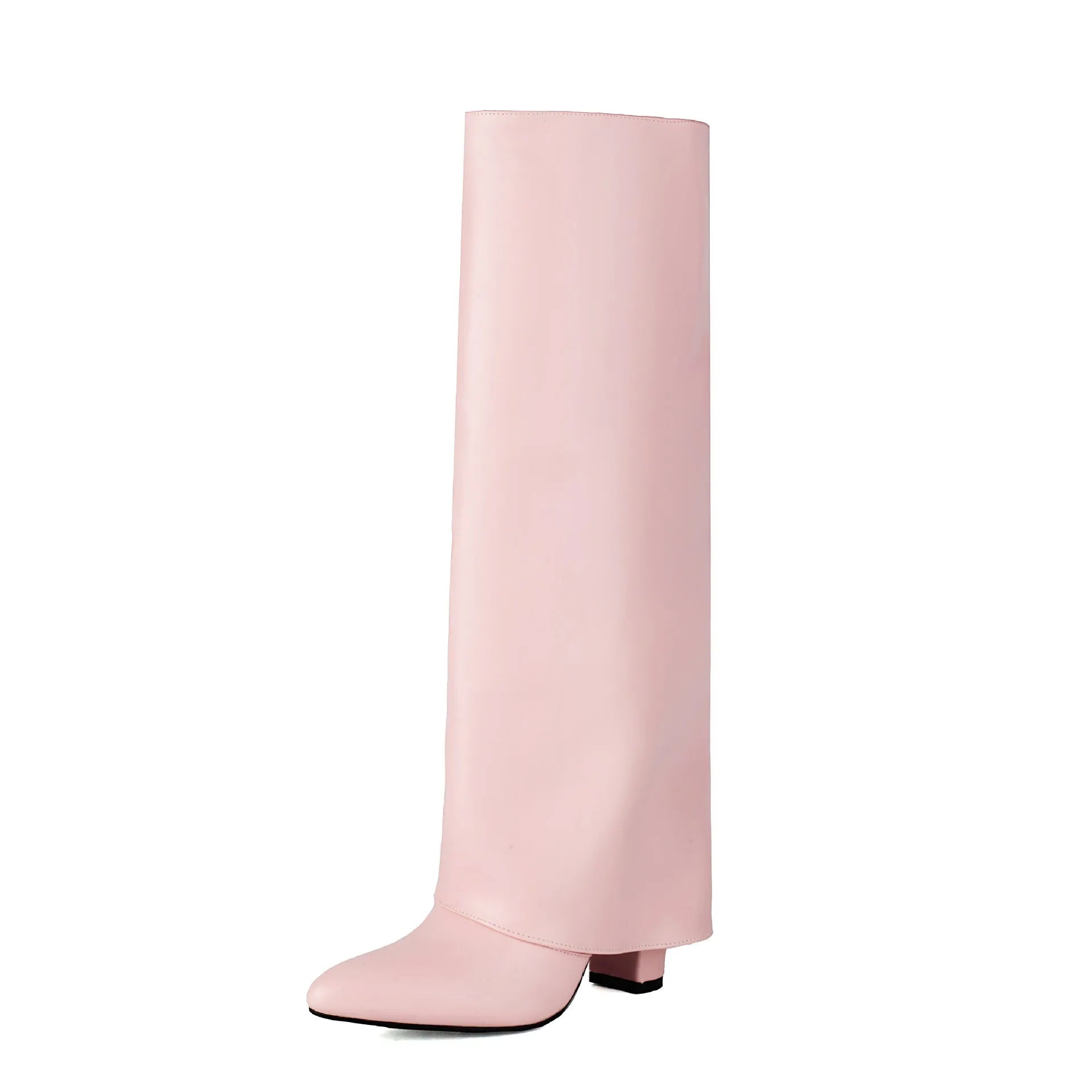 Women's plus size thick high heel boots in black, high cylinder sock length with decorative sewing lines.